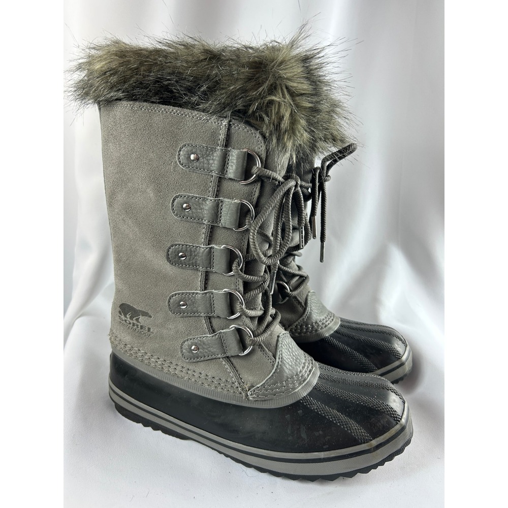 Sorel Joan of Arctic Quarry Grey Waterproof Suede Faux Fur Winter Boots Size 9